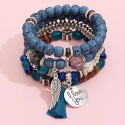 Fashion BOHO Crystal Multilayer Turquoise Bracelet Boho Beaded Bracelet 4 Piece Tassel Ethnic High Quality Bracelet Set