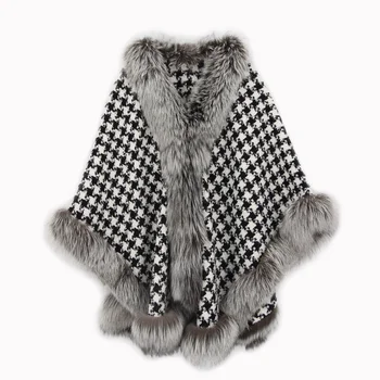 QIUCHEN QC21088 Fashion Women Winter Luxury Wool Shawl Fur Cape Real Silver Fox Fur Collar Houndstooth Coat