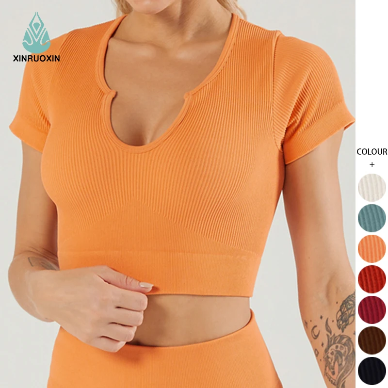 Solid Women Gym Yoga Short Sleeve Top  Fitness Clothing Sportswear Seamless tshirt For Wholesale With free sample