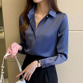 D7517 Custom Women White Silk Shirt Tops Lady Long Sleeve Office Silk Ladies satin blouse