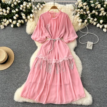 LE2549 Gentle Chiffon Casual Dress Woman Three-Dimensional Flower With Diamond Fringe Lantern Sleeve Midi Dress Lady Long Dress