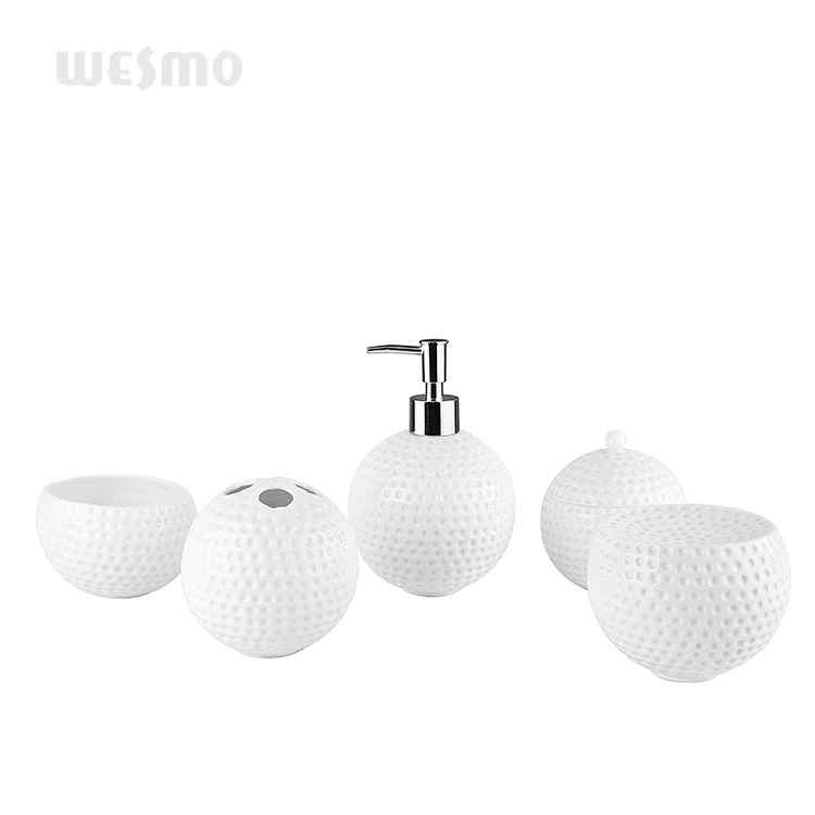 Simple modern luxury round shape golf-like porcelain bathroom accessories set ceramic bathroom set soap dispenser