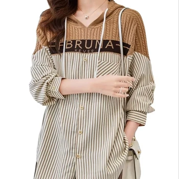 2024 New Women's Casual Striped Patchwork Sweater Windproof Anti-Wrinkle Long-Sleeved Loose Fashion for Autumn Winter Hooded