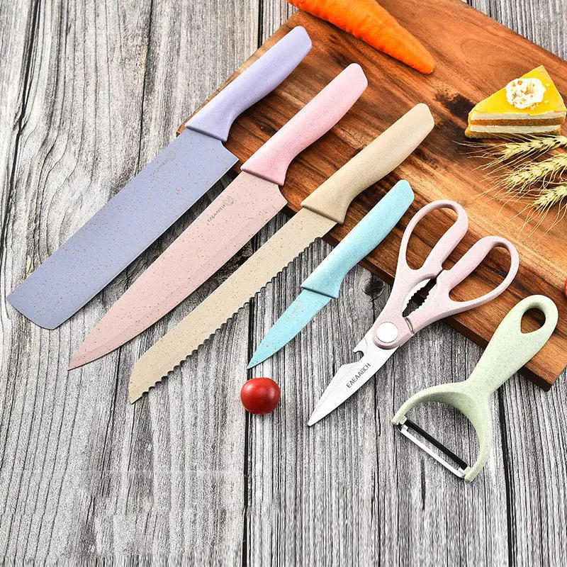 2024 hot sell Kitchen accessories Kitchen knives 6-Pieces Kit Wheat Straw Knife Scissor Peeler Set Knife set