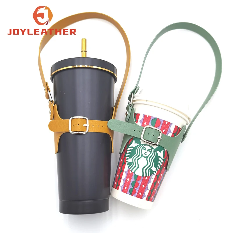 Hot Sale Custom Embossing Logo Adjustable Strap Reusable Cup Sleeves Leather Drink Wrap Cup Holders