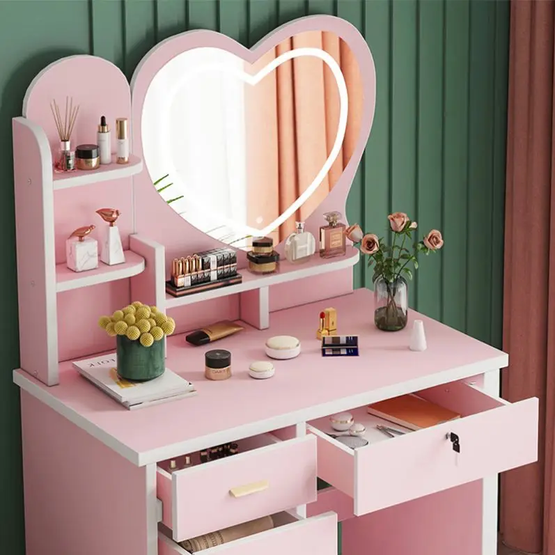 Modern makeup vanity professional heart shape mirror dressing table set for bedroom with led lights around mirror