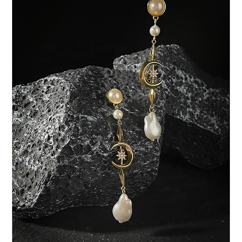 Original Design High Quality 18K Gold Plated Brass Jewelry Moon Star Zircon Pearl Accessories Drop Earrings E221372