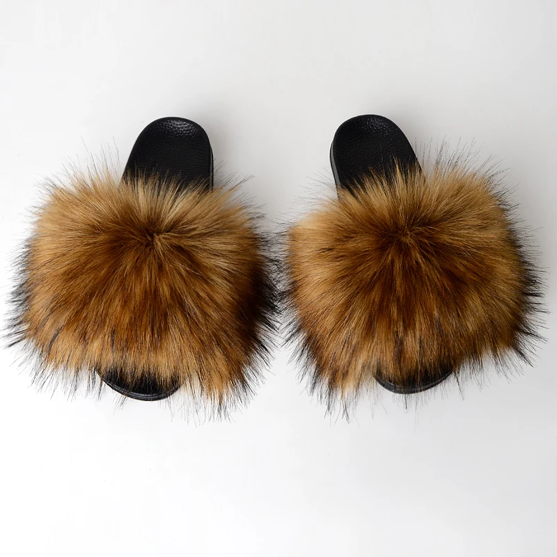 faux raccoon fur slides