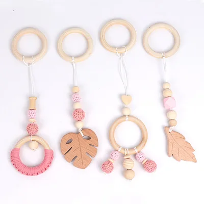 Wooden Ring Baby Teether Activity Nursing Game Gym Rattle Rainbow Pendant Toy Organic Toy