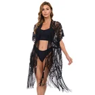 Sexy Women Plus Size Black And White Lace Cardigan Fringed Adjustable Waist Bikini Cover-Up Beach Cardigan