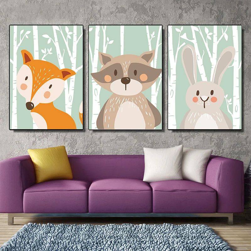 Woodland Animal Fox Rabbit Bear Canvas Poster Cartoon Nursery Wall Art Print 