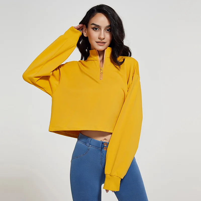 Combed Cotton Stand Collar Fall 2023 Women Clothes Zip Crop Top Women's Hoodies & Sweatshirts Pullover Gym Run Sports Sweaters