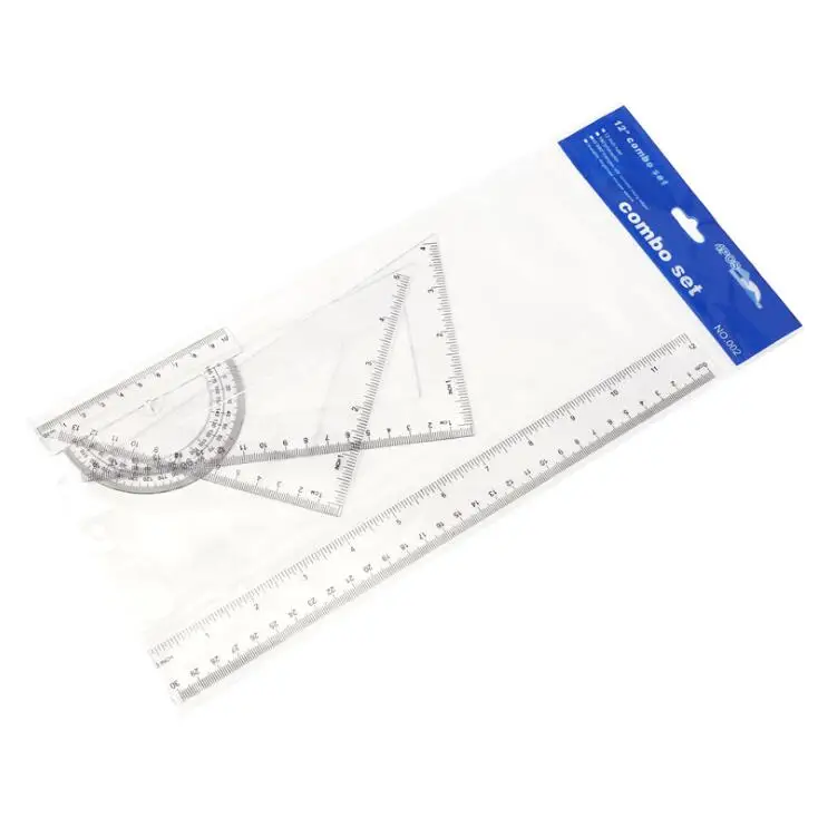 Custom Logo Straight Square Triangle Rulers 4pcs 30CM Plastic Square Measuring Ruler Set for School