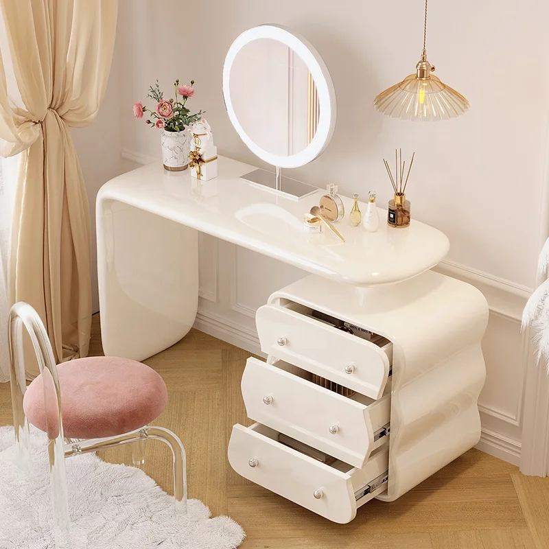 Telescopic Furniture Modern Simple Makeup Vanities Smart LED Light Mirror French Cream Style Wooden Corner Dressing Table