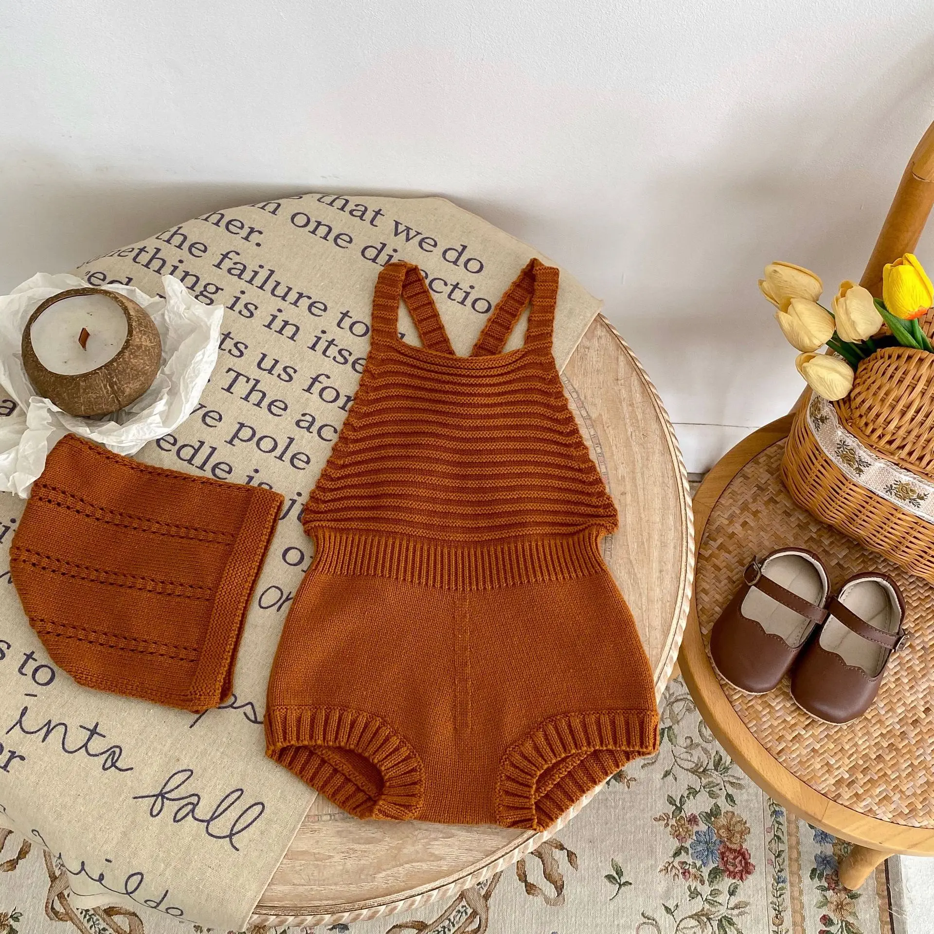 Engepapa Spring and Autumn Infant Strap Knitted Bodysuit Sleeveless Newborn Clothes 100% Cotton Hat Baby Romper
