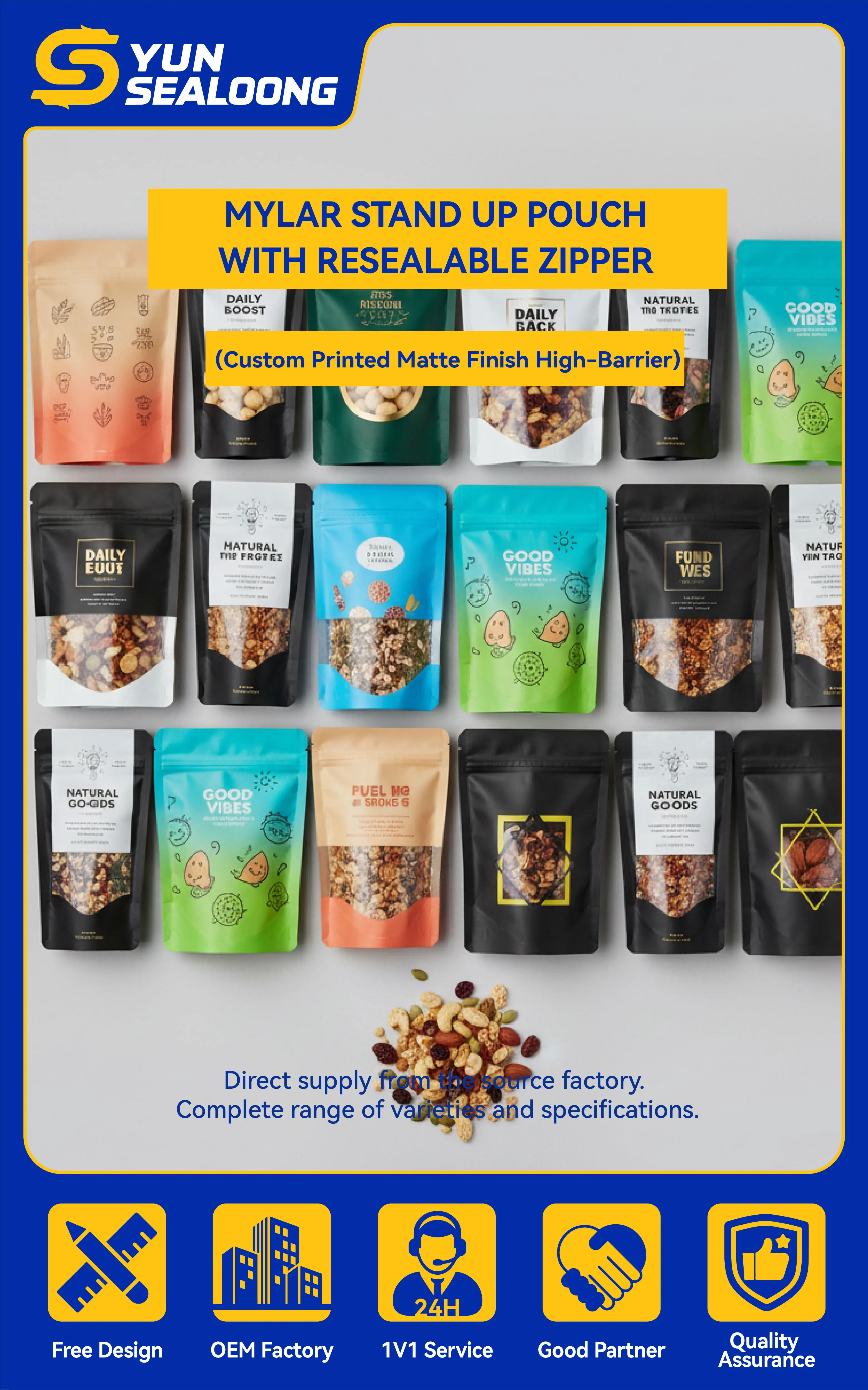 Custom Printed Matte Finish High-Barrier Mylar Stand up Pouch with Resealable Zipper for 500g Nuts, Snacks, and Coffee