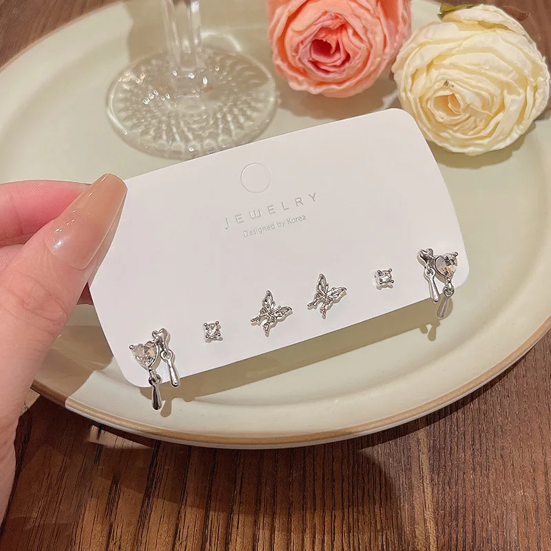 S925 sterling silver luxury simple niche personalized rhinestone butterfly heart earrings set women