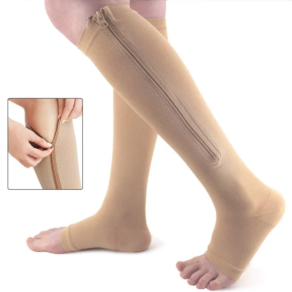 Custom Logo Copper Toeless Running Elastic Medical Nurse High Knee Side Zipper Compression Socks For Women Men
