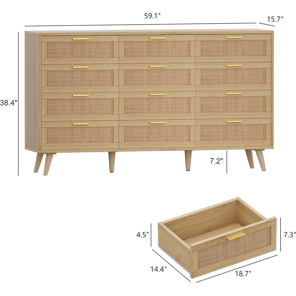 product 12 drawer double dresser modern oak chest dressers with golden handles for bedroom and living room natural-1