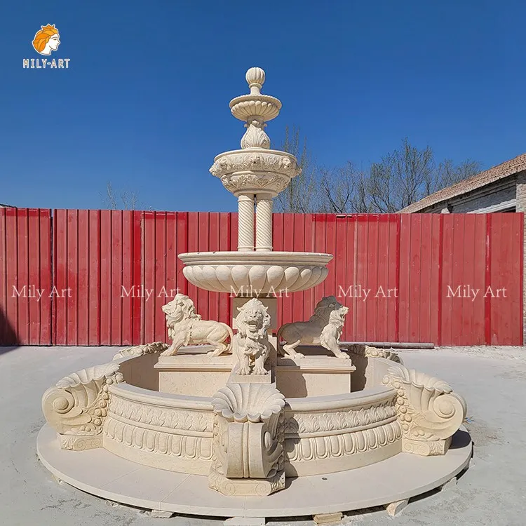 Outdoor Garden Decorative Beige Marble Stone Water Fountain with Column