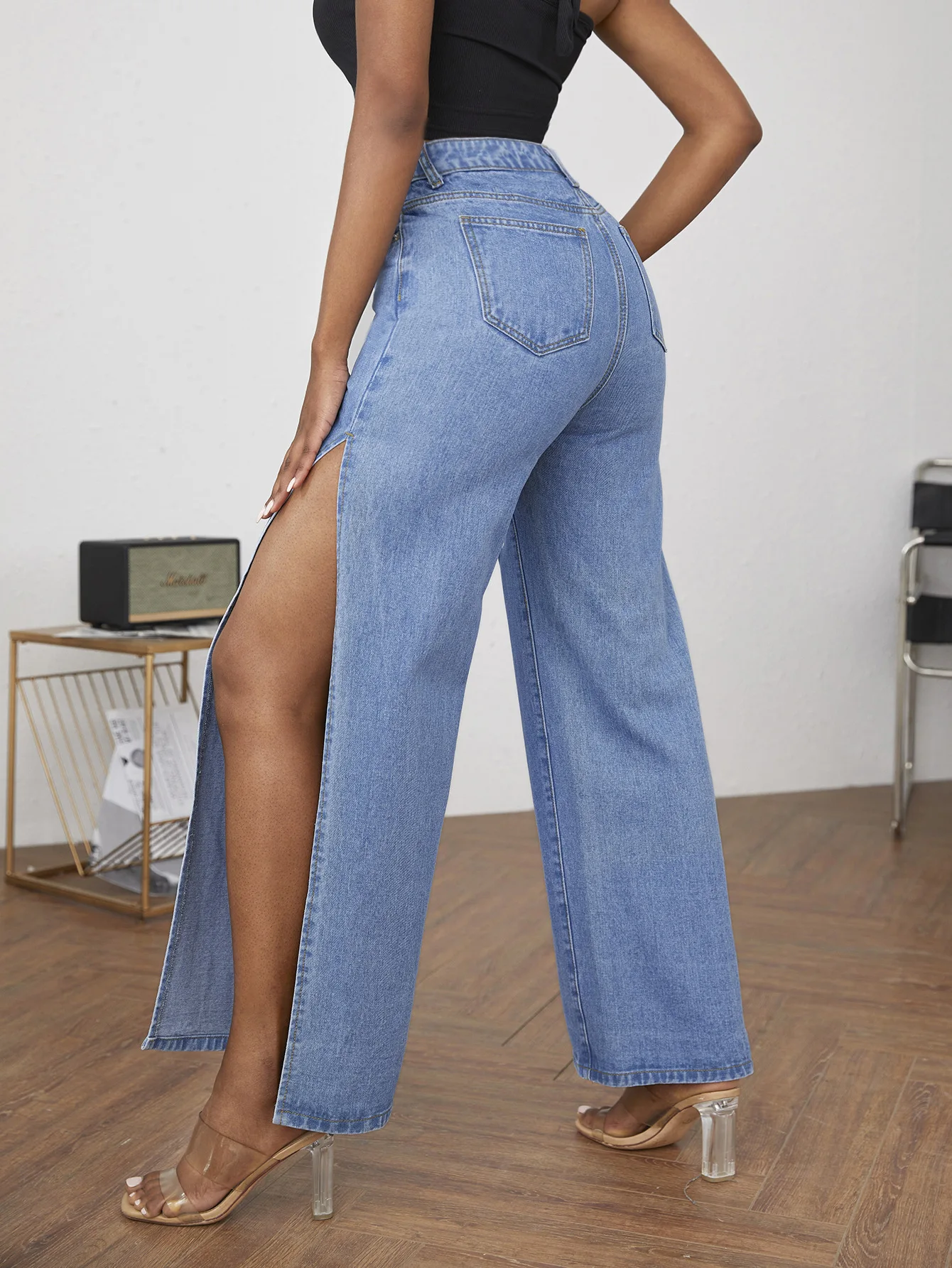 2023 Summer Women Casual High Split Jeans Fashion Wide Leg Hole Design Lady Denim Jeans Pants