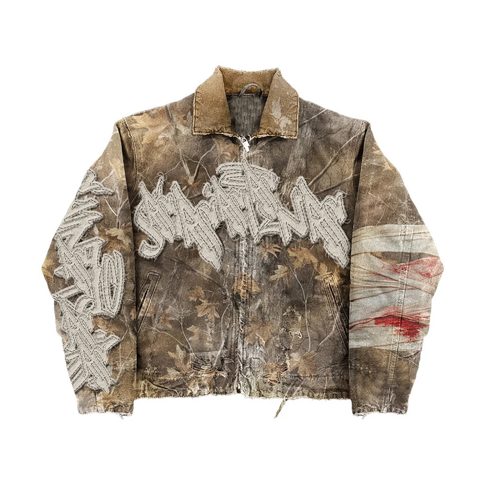 Manufacturer Custom Embroidery Patch logo Distressed Camouflage Camo Denim Canvas Jacket and Cargo Pants for Men factory