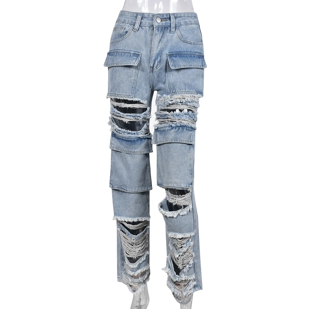 Fashion Pocket Stitching Hollowed-Out Hole Beggar Style Street Casual Straight High Waist Jeans supplier