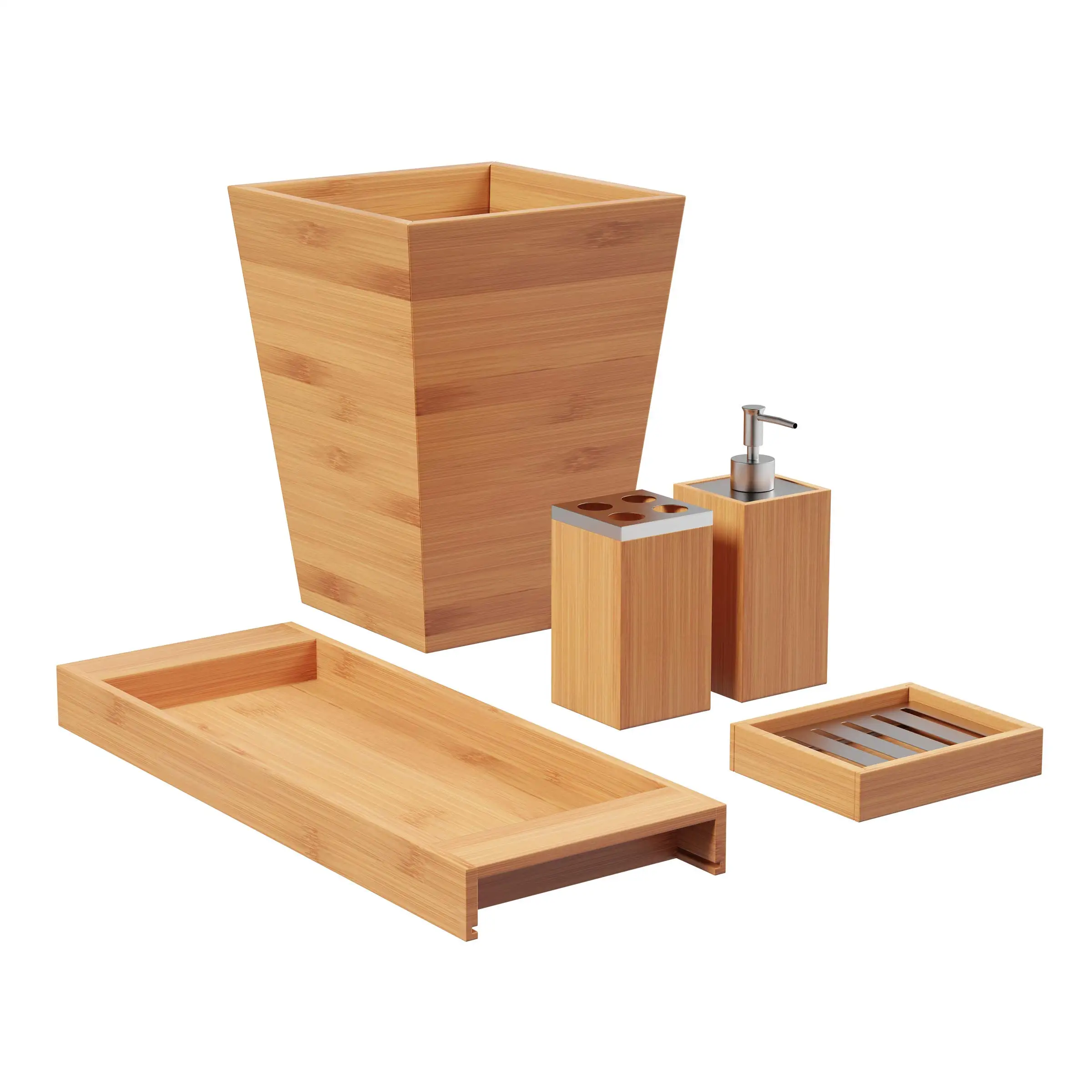 product zc custom 5 piece bathroom decoration set bamboo vanity accessories soap dish soap dispenser toothbrush holder-2