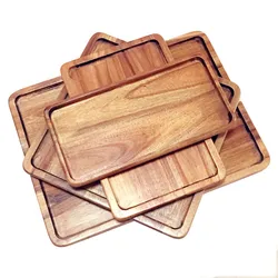 Customizable Various Sizes Rectangle Square Wooden Food Storage Tray Acacia Wood Tray Plate Bamboo Food Serving Tray for Kitchen
