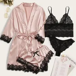 New women's pajamas Lace Satin suspender pajamas women's summer suit with nightgown and nightdress