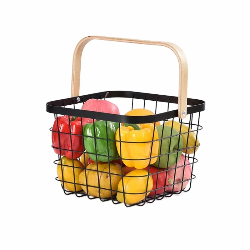 Creative Kitchen Storage Metal Wire Fruit Basket with Wooden Handle