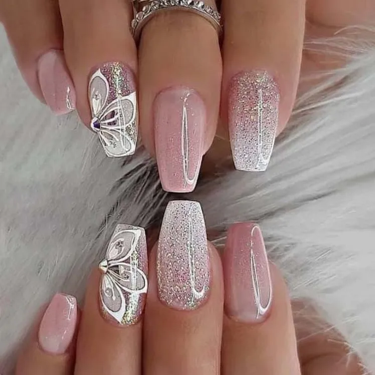 Romantic Rain Custom Press On Full Cover Acrylic Nails Ombre Shining Diamond Sequins Long French Blue Pink 24Pcs/Box Blind Box