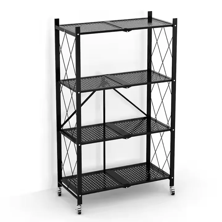 3 Tier Metal Folding Storage Rack Metal Storage Household Kitchen Shelf With Rotating Wheels