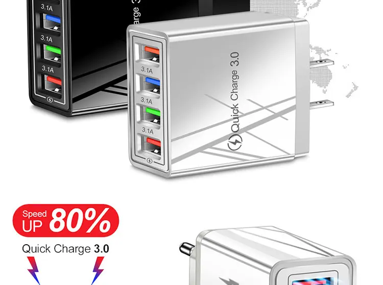 Fast Charging EU US UK 4 Ports 3.1A Mobile Cable Phone QC 3.0 Travel Wall Charger for IOS Android Power Bank