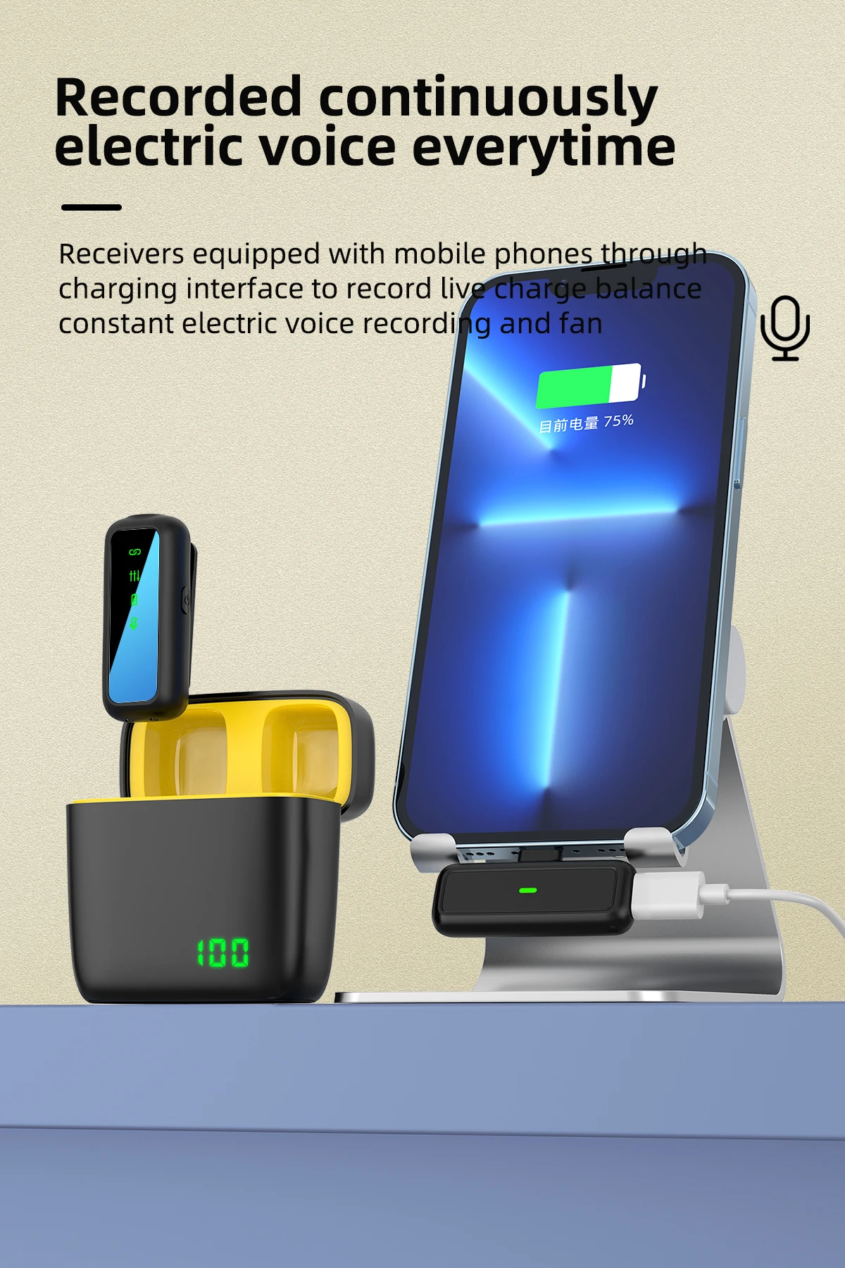 SX6 Lot de 2 microphones cravate sans fil pour iPhone et iPad avec étui de chargement et affichage numérique.