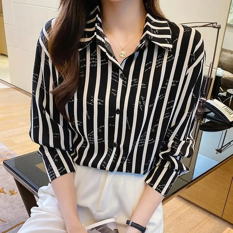 Stylish women's top Button up shirt Classic long-sleeved collared top Work office chiffon shirt