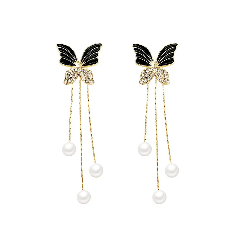 Korean Ins New Black Butterfly Earrings Light Luxury Fashion Long Tassel Pearl Earring Personality Wild Ear Studs