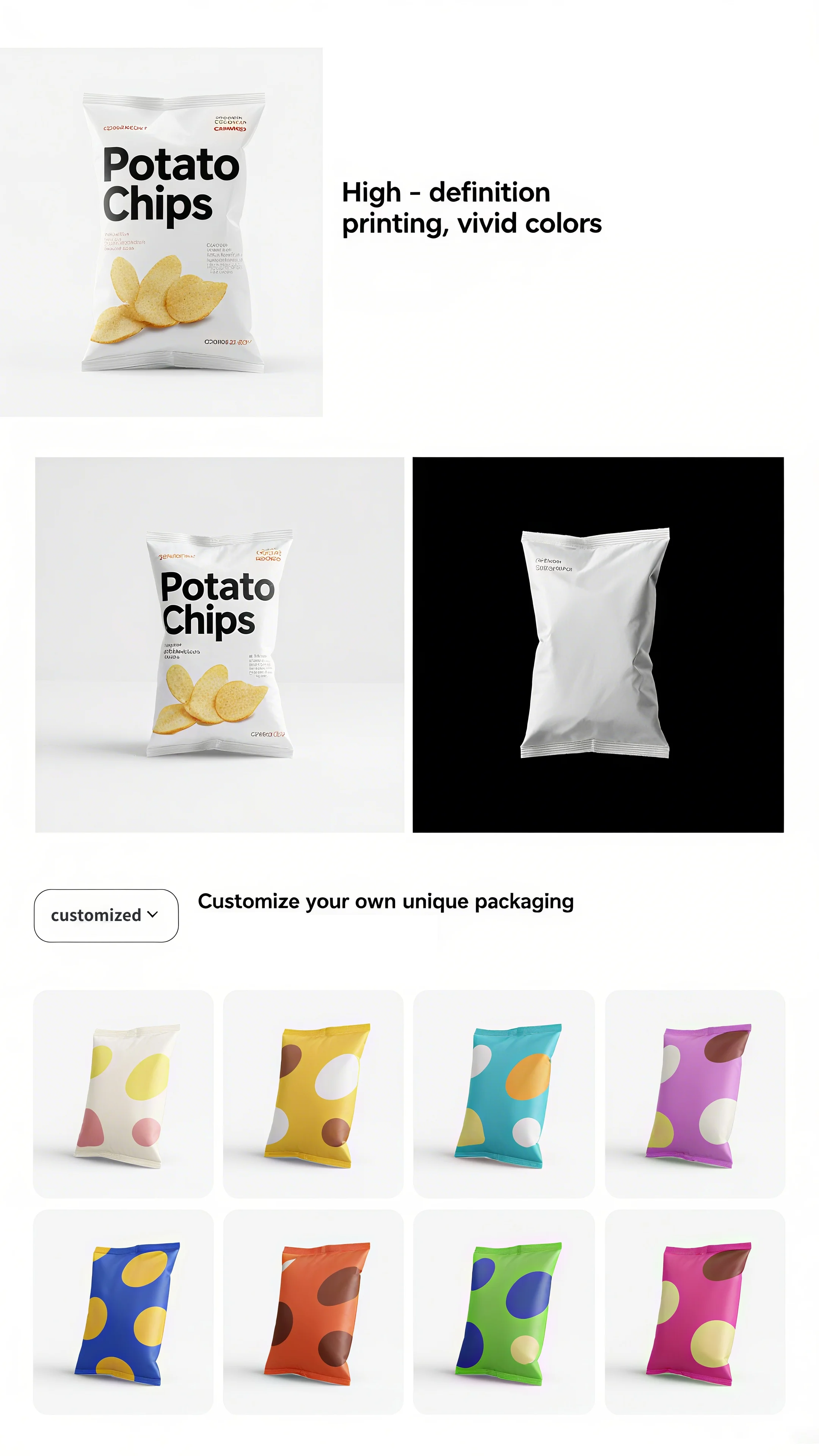 product the customizable three sided sealed potato chip packaging bag is perfect for snack potato badge flip packaging-4