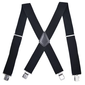 Wholesale Heavy Duty Strong Clip Adjustable Elastic Wide X-Back Solid Black 2 Inch Men Suspender for Work