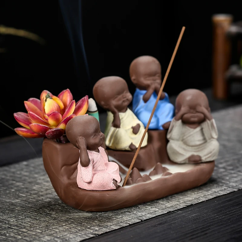 Ywbeyond ceramic Censer 4 monks waterfall backflow Incense Cones Burner Home Decoration Sticks Incense Holder