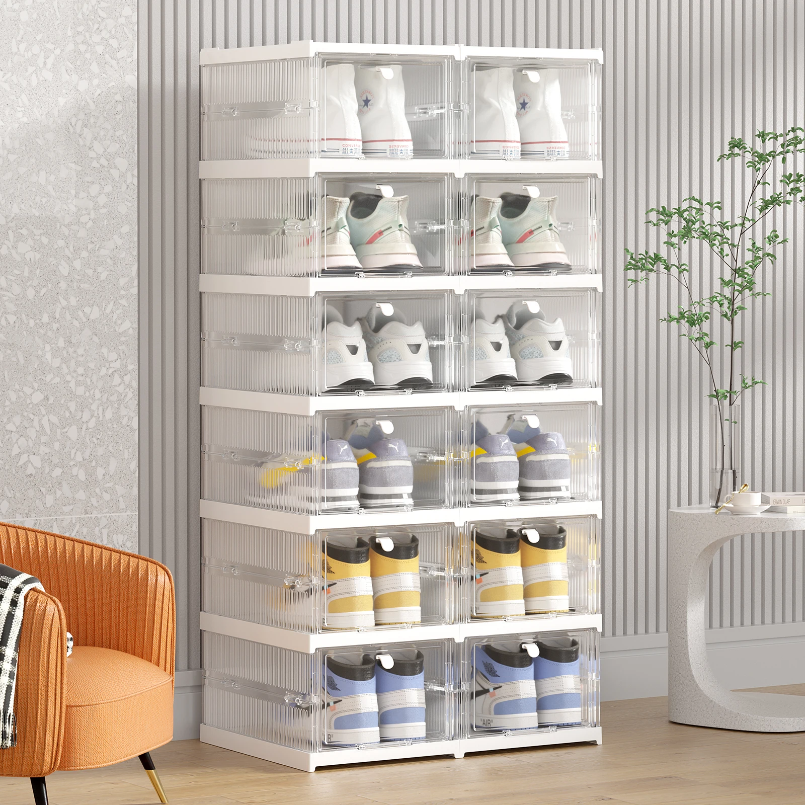 Three floors Plastic Foldable Stackable Display Containers Bins with Clear Front Door sneaker organizer Shoe Storage Box