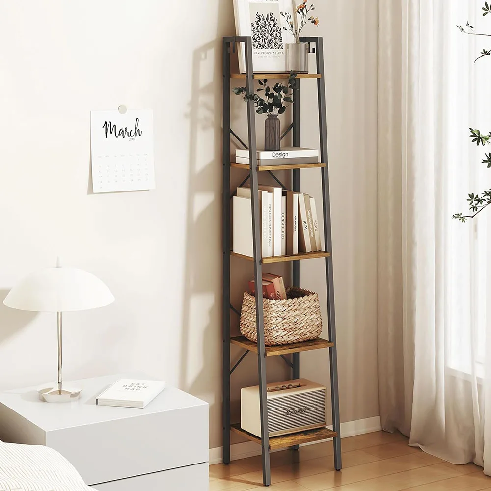 Modern 5-Tier Freestanding Corner Storage Bookshelf Industrial Design Oak Ladder Shelf with 2 Hooks factory