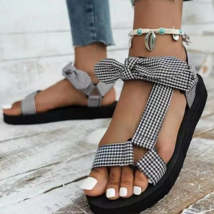 2024 New sandals female summer leopard print bow large size beach sandals