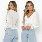 White Top Long Scalloped V-neckline White Top Thin Lace-up Front And Invisible Side Zip Long Sleeve Women Blouse Shirts