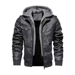 Men's Removable Hooded Motorcycle Faux Leather Jackets PU Leather Outer Riding Coats Windbreaker