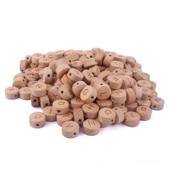 New Organic Wooden English Beads Baby Pacifier Chain Accessories Beech Wood Flat Round Alphabet Letter Beads