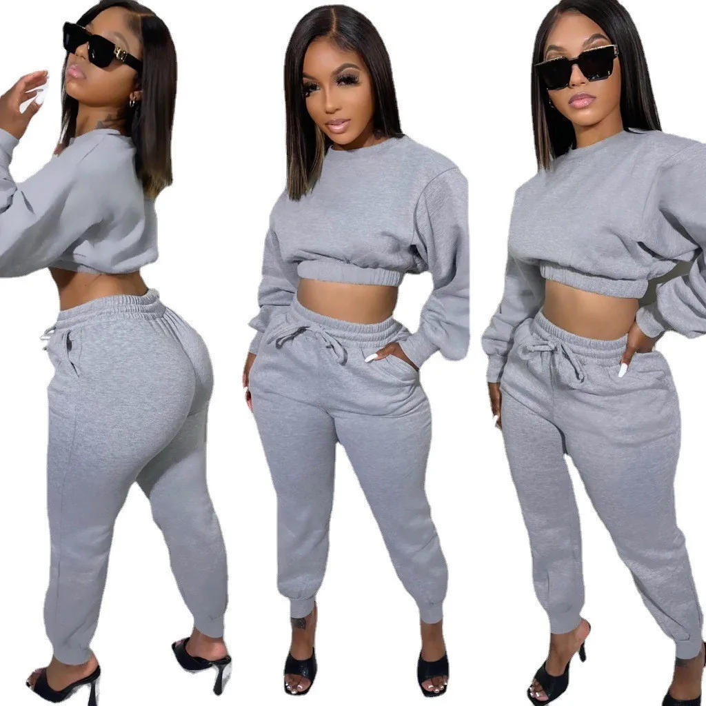 New Arrival Long Sleeve Sexy Crop Top Sweatershirt Trousers Sportswear Two Pieces Pants Set Casual Women