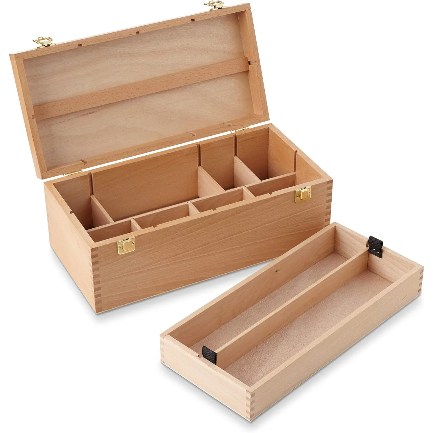 Art Supply Multi-Function Unfinished Beechwood Artist Tool Storage Box with Removable Tray & Locking Clasps