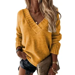 2022 Fashionable New Arrival Hot Selling V-neck Long-sleeve Top Pullover Solid Color Knitted Women's Sweaters