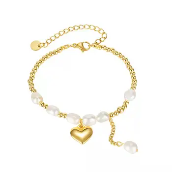 Fashion bulk jewelry 18K gold stainless steel link chain fresh water pearl heart charms bracelets for women girls